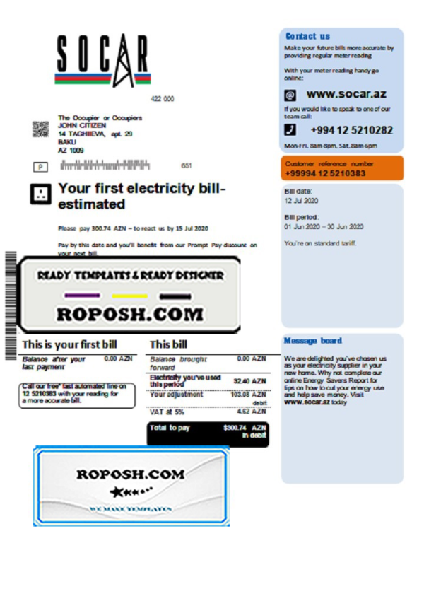 Azerbaijan Socar electricity utility bill template, fully editable in PSD format
