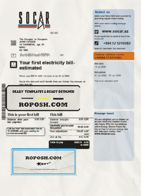Azerbaijan Socar Gas utility bill template in Word and PDF format