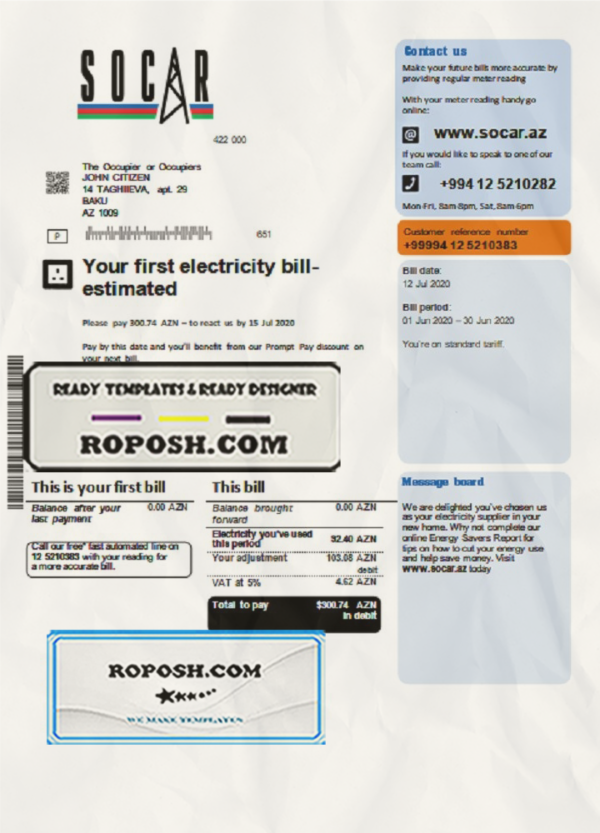 Azerbaijan Socar electricity utility bill template, fully editable in PSD format scan effect