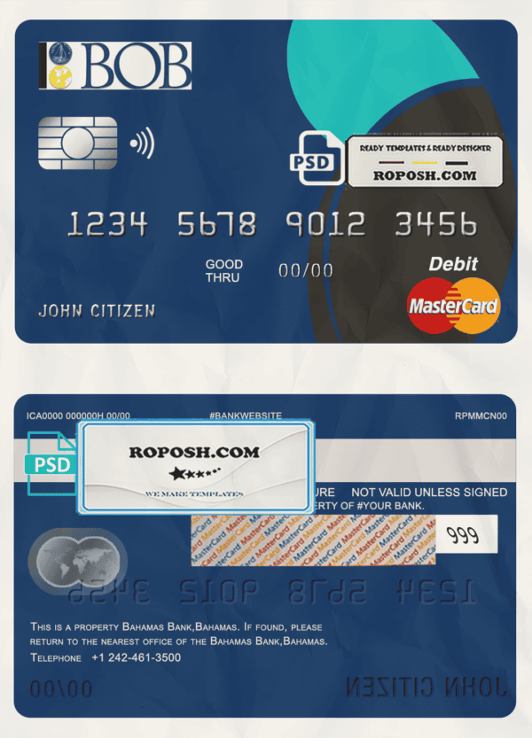 Bahamas Bank of the Bahamas bank mastercard debit card template in PSD format, fully editable