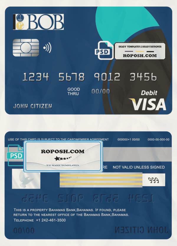 Bahamas Bank of the Bahamas bank visa card debit card template in PSD format, fully editable