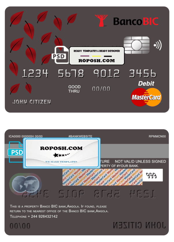 Angola Banco BIC bank mastercard debit card template in PSD format, fully editable