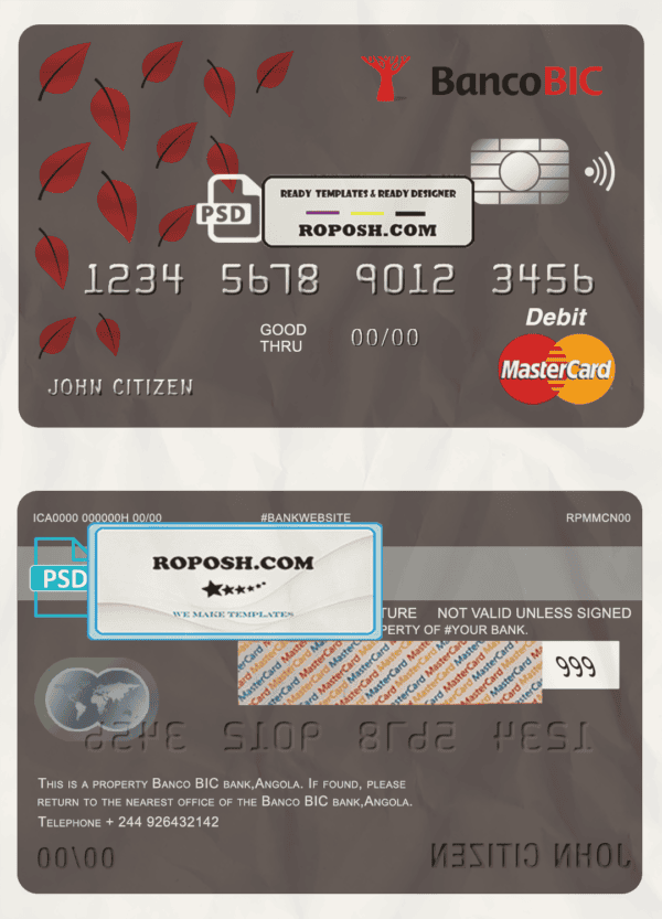 Angola Banco BIC bank mastercard debit card template in PSD format, fully editable