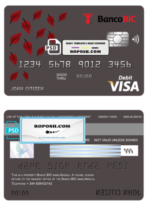 Angola Banco BIC bank visa card debit card template in PSD format, fully editable