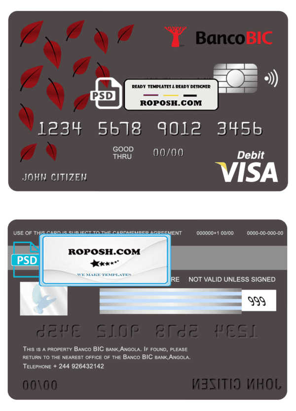 Angola Banco BIC bank visa card debit card template in PSD format, fully editable