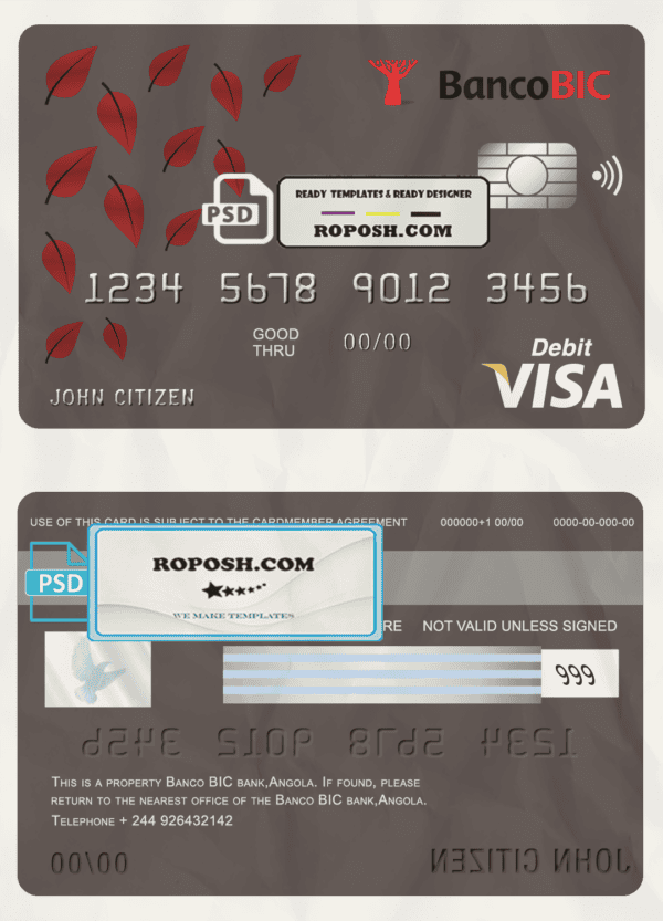 Angola Banco BIC bank visa card debit card template in PSD format, fully editable
