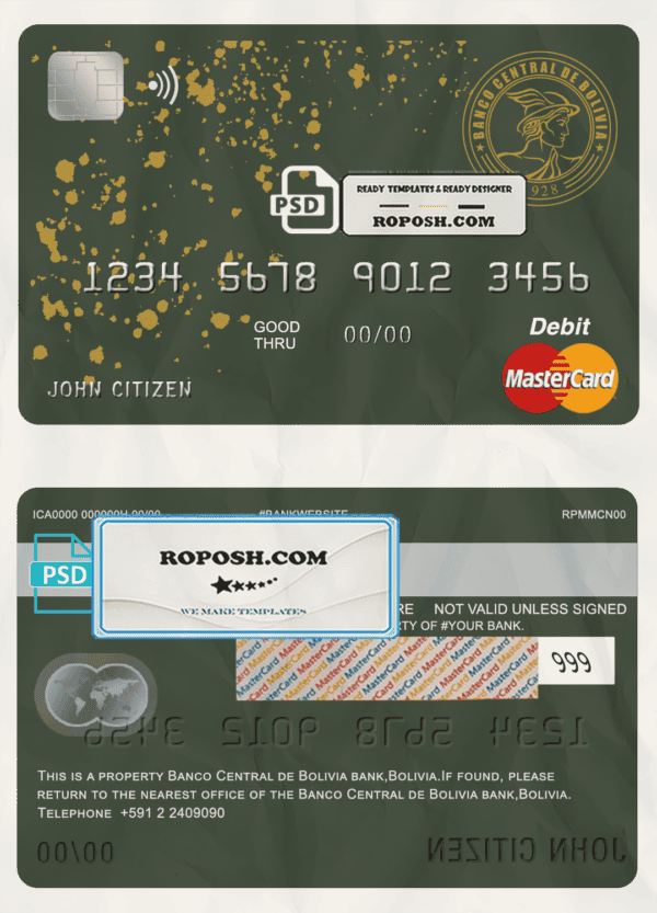Bolivia Banco Central de Bolivia bank mastercard debit card template in PSD format, fully editable