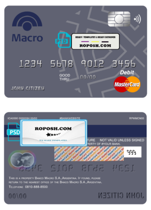 Argentina Banco Macro S.A. bank mastercard debit card template in PSD format, fully editable