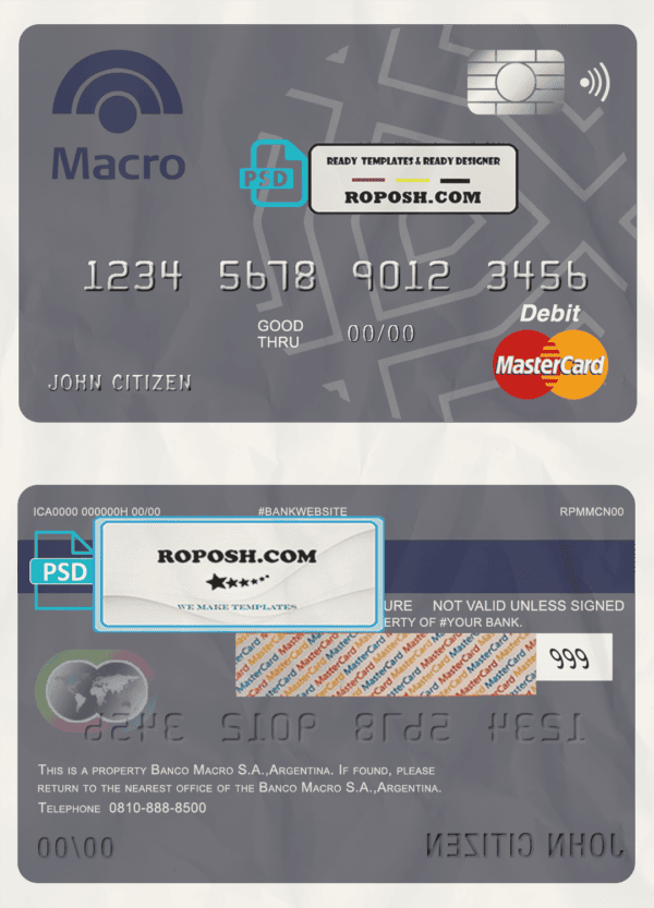 Argentina Banco Macro S.A. bank mastercard debit card template in PSD format, fully editable
