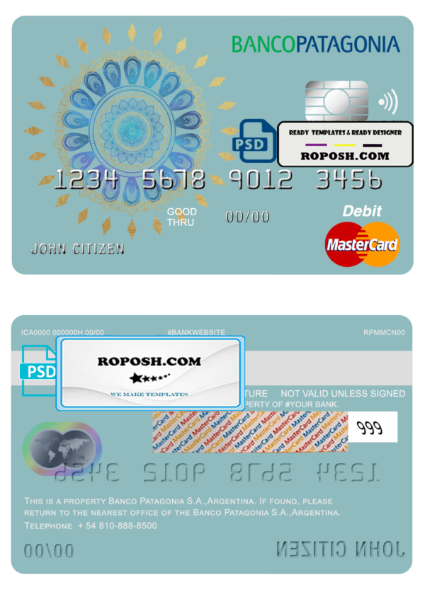 Argentina Banco Patagonia bank mastercard debit card template in PSD format, fully editable