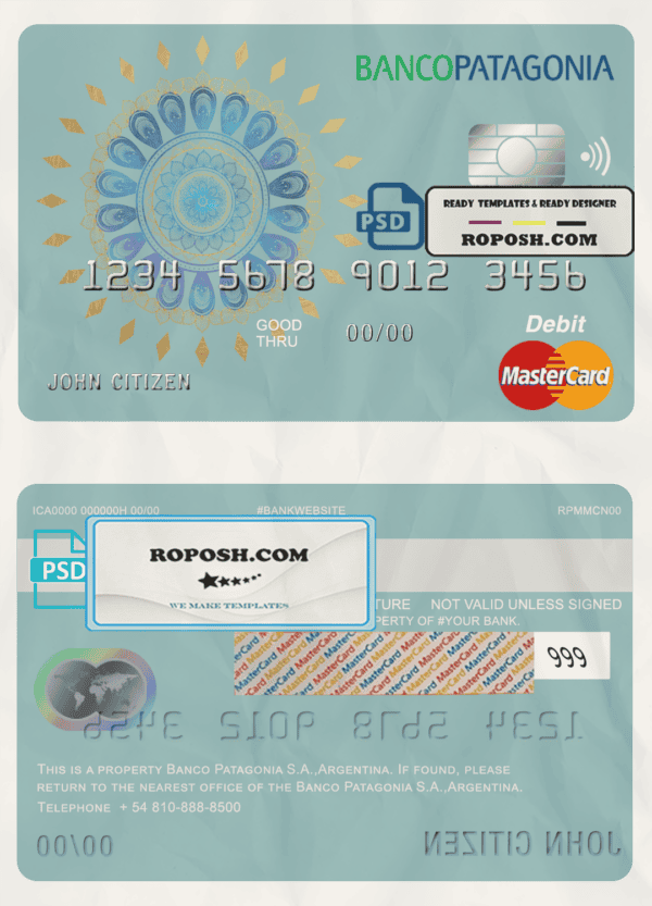 Argentina Banco Patagonia bank mastercard debit card template in PSD format, fully editable