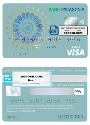 Argentina Banco Patagonia bank visa card debit card template in PSD format, fully editable