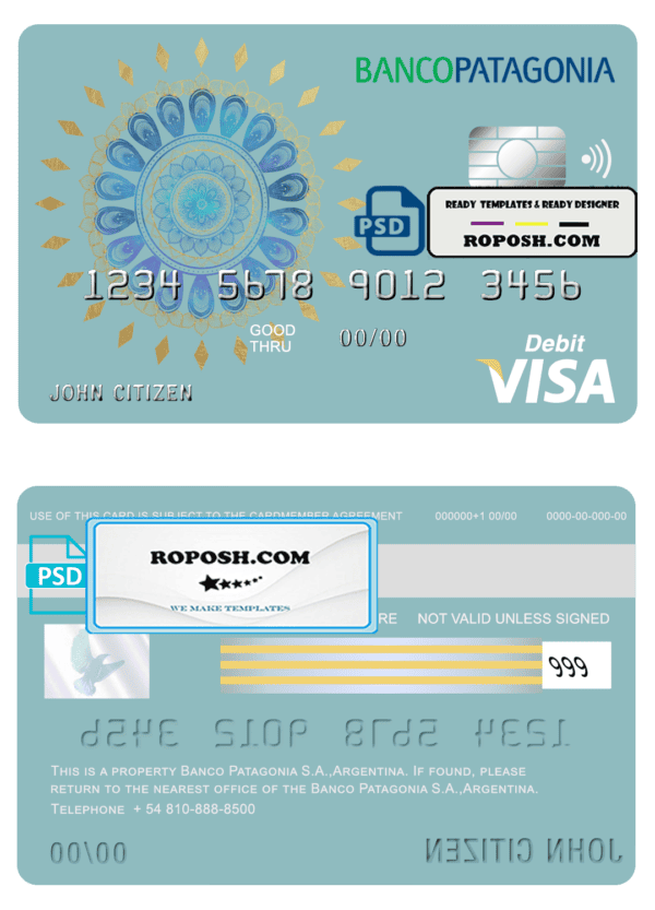 Argentina Banco Patagonia bank visa card debit card template in PSD format, fully editable