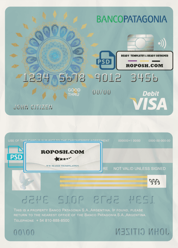 Argentina Banco Patagonia bank visa card debit card template in PSD format, fully editable