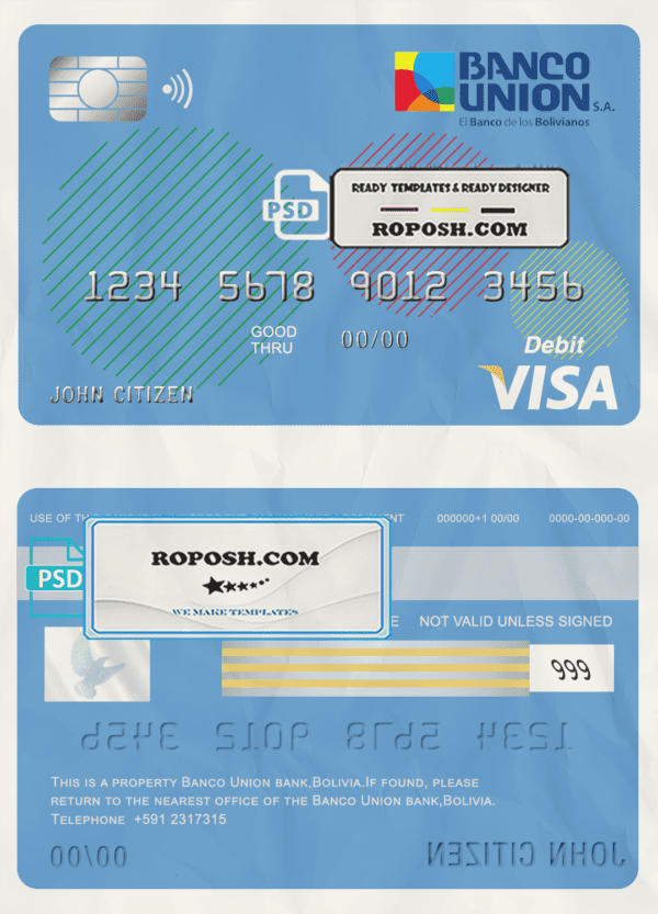 Bolivia Banco Union bank visa card debit card template in PSD format, fully editable