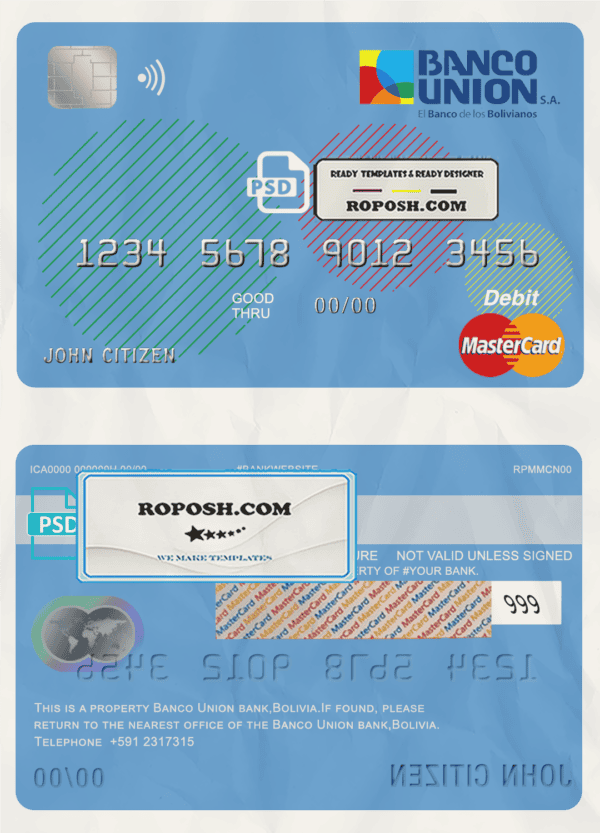 Bolivia Banco Union bank mastercard debit card template in PSD format, fully editable