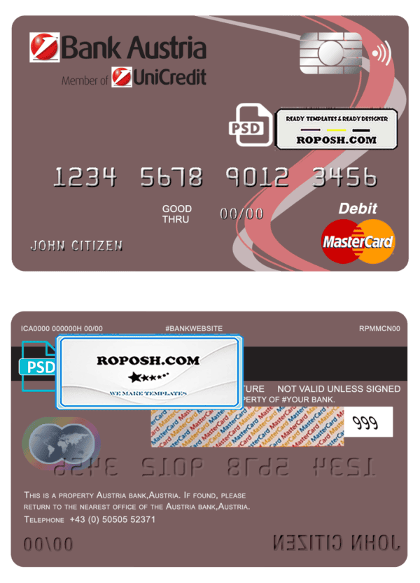 Austria Bank Austria mastercard debit card template in PSD format, fully editable