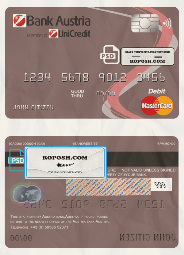 Austria Bank Austria mastercard debit card template in PSD format, fully editable