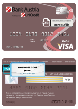 Austria Bank Austria visa card debit card template in PSD format, fully editable