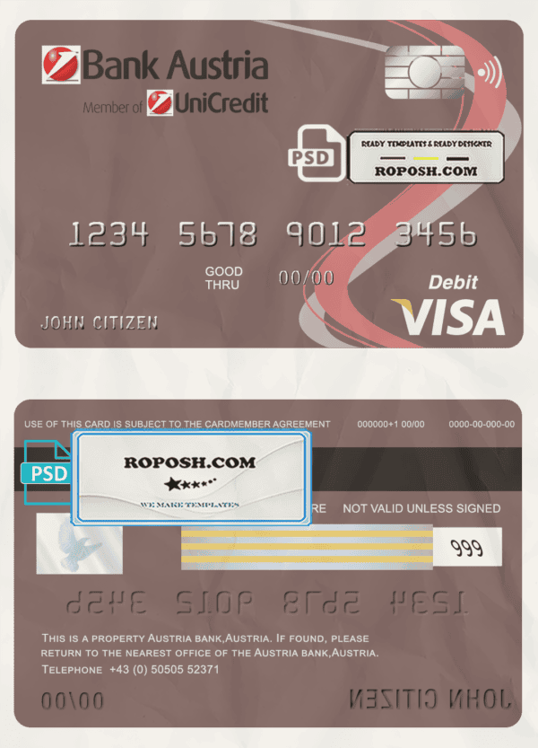 Austria Bank Austria visa card debit card template in PSD format, fully editable