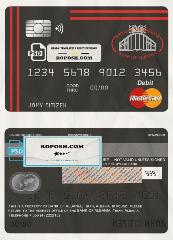 Albania Bank of Albania bank mastercard debit card template in PSD format, fully editable