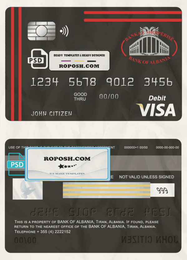 Albania Bank of Albania bank visa card debit card template in PSD format, fully editable