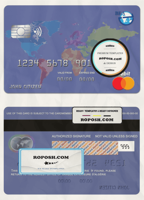 Algeria banque extérieure mastercard template in PSD format, fully editable
