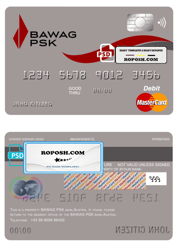 Austria BAWAG PSK bank mastercard debit card template in PSD format, fully editablc
