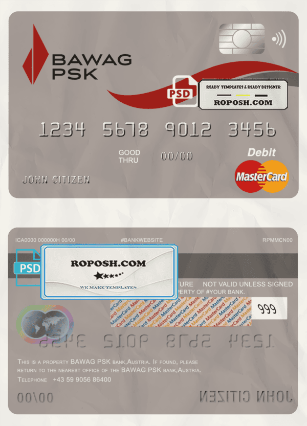 Austria BAWAG PSK bank mastercard debit card template in PSD format, fully editablc