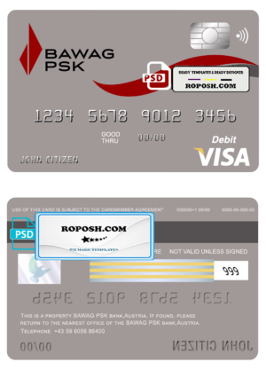 Austria BAWAG PSK bank visa card debit card template in PSD format, fully editable