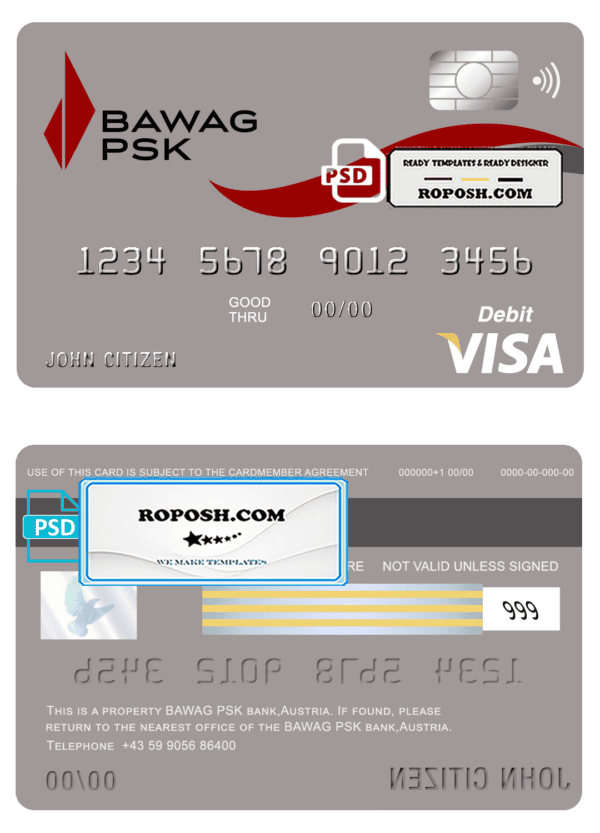 Austria BAWAG PSK bank visa card debit card template in PSD format, fully editable