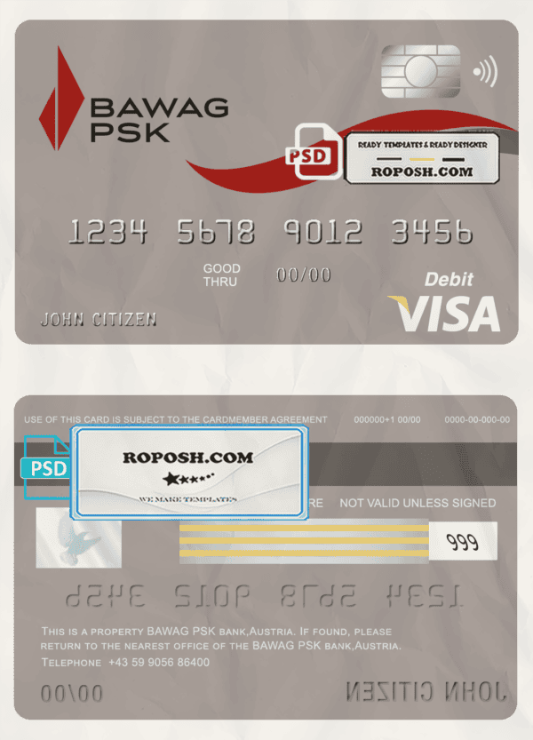 Austria BAWAG PSK bank visa card debit card template in PSD format, fully editable