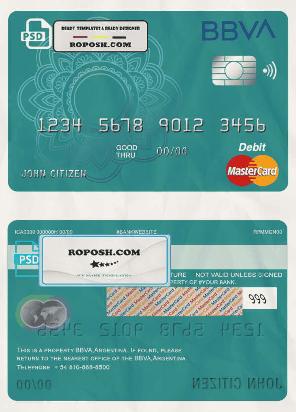 Argentina BBVA bank mastercard debit template in PSD format, fully editable