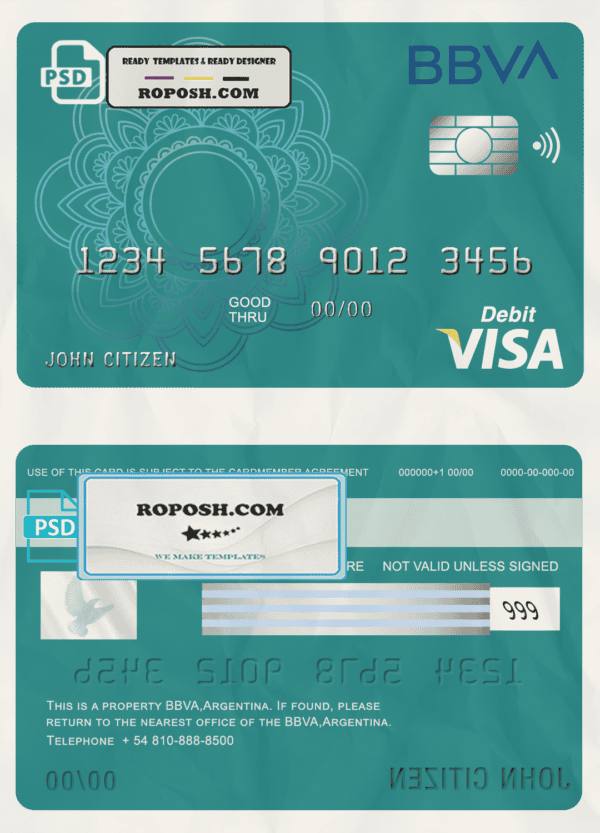 Argentina BBVA bank visa debit card template in PSD format, fully editable