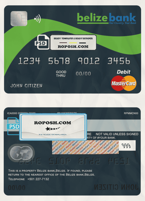 Belize Belizebank mastercard debit card template in PSD format, fully editable