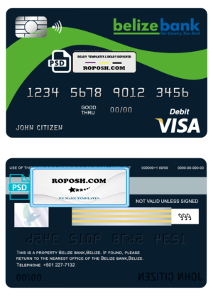 Belize Belizebank visa card debit card template in PSD format, fully editable