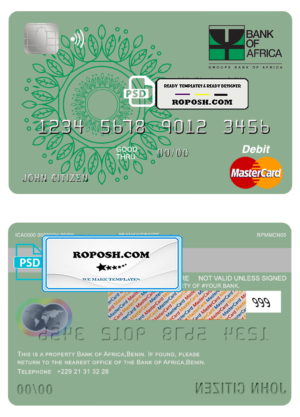Benin Bank of Africa mastercard debit card template in PSD format, fully editable