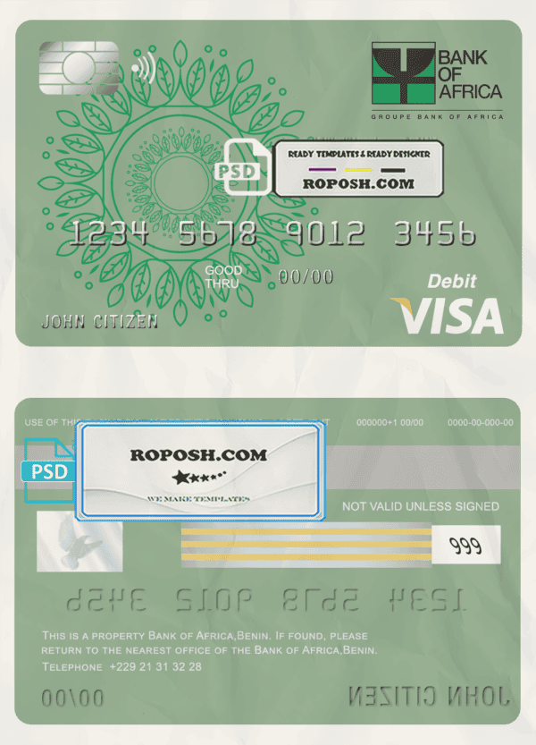 Benin Bank of Africa visa card debit card template in PSD format, fully editable