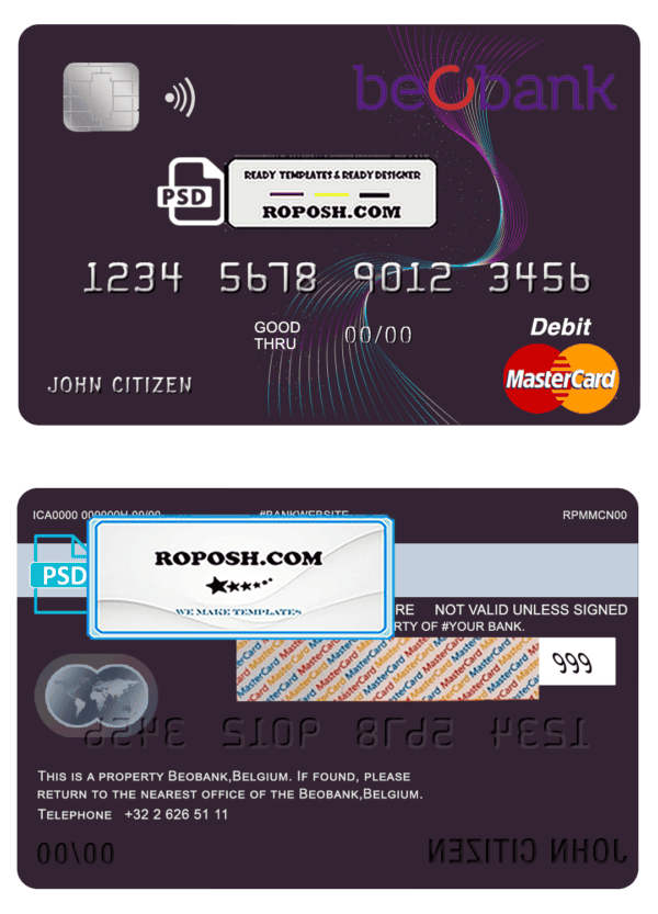 Belgium Beobank mastercard debit card template in PSD format, fully editable