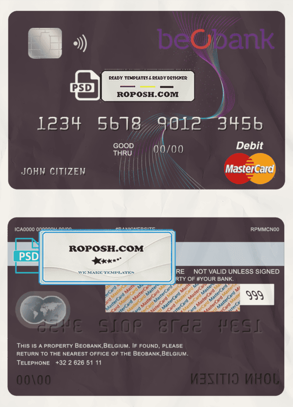 Belgium Beobank mastercard debit card template in PSD format, fully editable