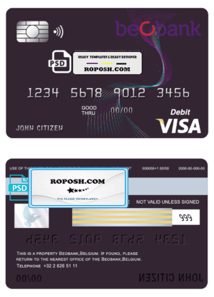 Belgium Beobank visa card debit card template in PSD format, fully editable