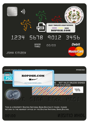 Bhutan National Bank mastercard debit card template in PSD format, fully editable