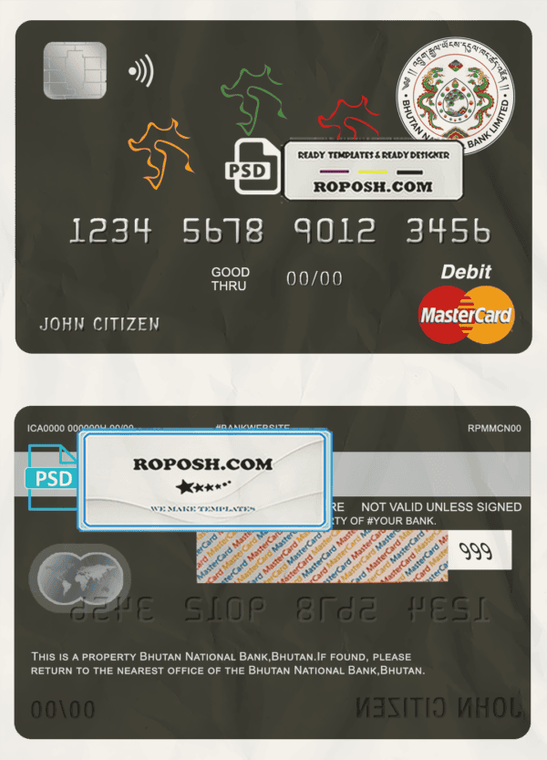 Bhutan National Bank mastercard debit card template in PSD format, fully editable