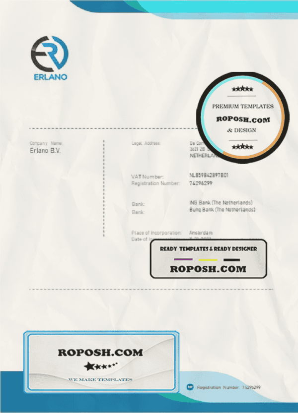 Netherlands ERLANO B. V. company payment invoice template in Word and PDF format, fully editable