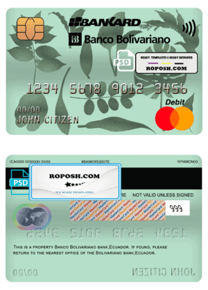 Ecuador Banco Bolivariano mastercard debit card template in PSD format, fully editable