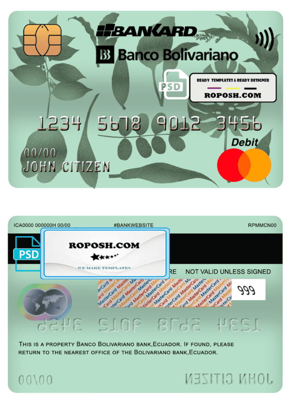 Ecuador Banco Bolivariano mastercard debit card template in PSD format, fully editable