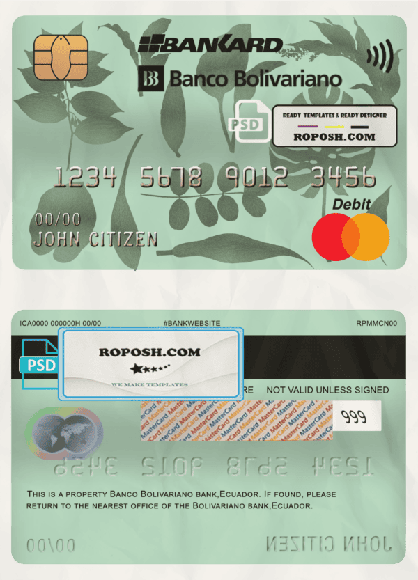 Ecuador Banco Bolivariano mastercard debit card template in PSD format, fully editable