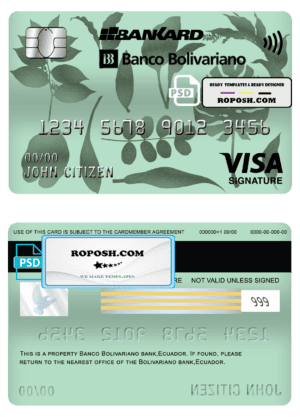 Ecuador Banco Bolivariano visa signature card template in PSD format, fully editable