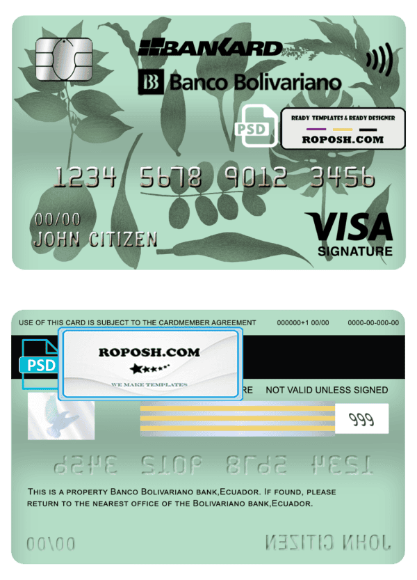 Ecuador Banco Bolivariano visa signature card template in PSD format, fully editable