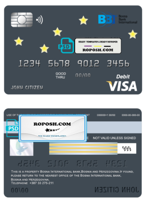 Bosnia and Herzegovina Bosna Bank International bank visa card debit card template in PSD format, fully editable